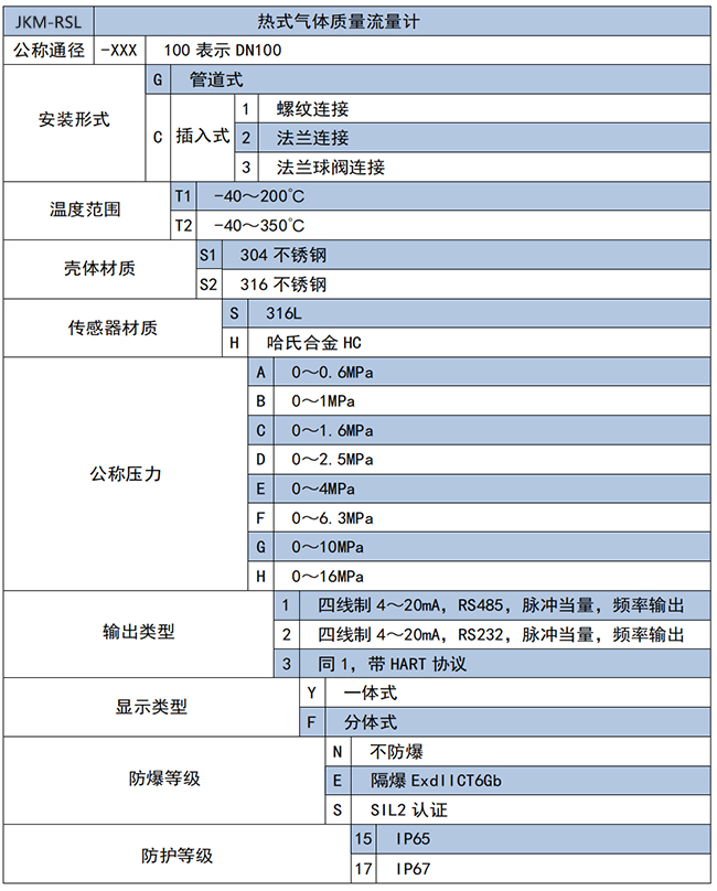 DN200熱式氣體質(zhì)量流量計選項表